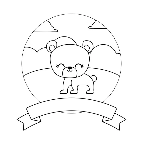 Lindo oso en el paisaje con marco y cinta — Vector de stock