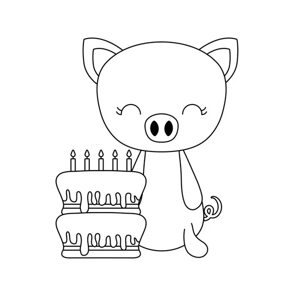 Lindo cerdito con pastel de cumpleaños — Vector de stock