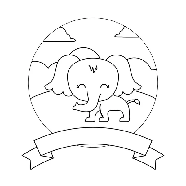 Elefante lindo en el paisaje con marco y cinta — Vector de stock