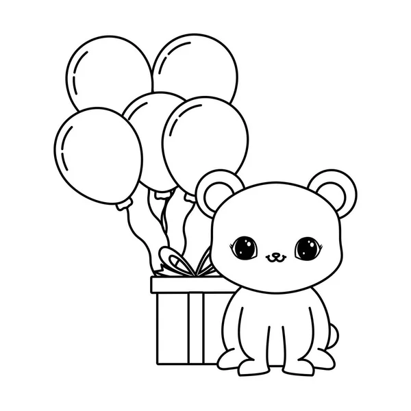Niedlicher Bär mit Geschenkbox und Luftballons Helium — Stockvektor