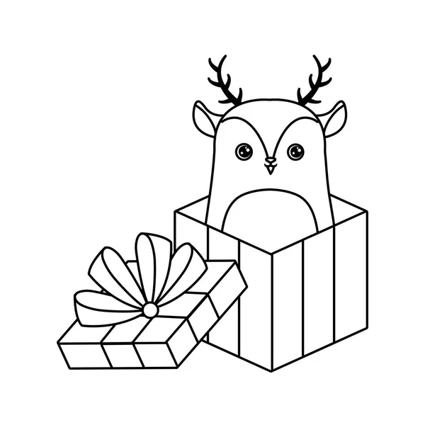 Animal de reno lindo en caja de regalo — Vector de stock