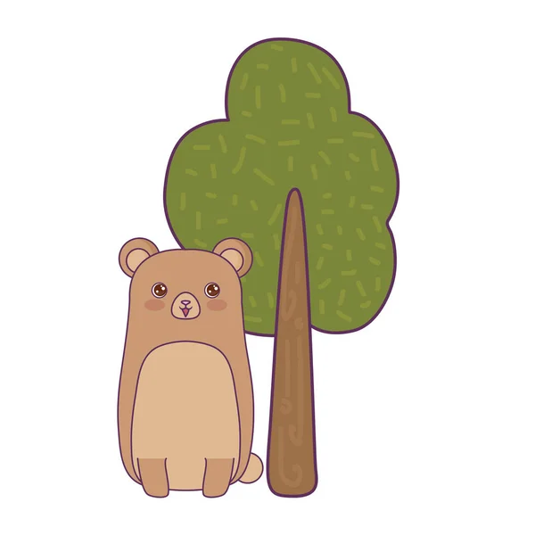 Cute bear animal with tree plant — Stock Vector