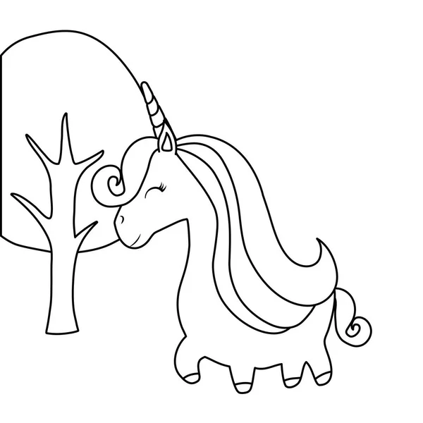 Drăguț animal unicorn cu plante de copac — Vector de stoc