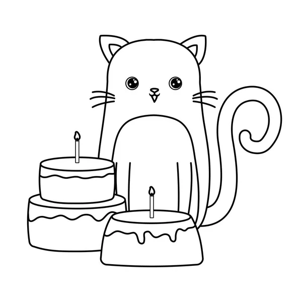 Lindo gato con tortas de cumpleaños — Vector de stock