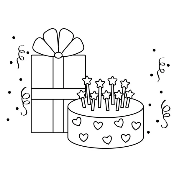 Zoete taart van verjaardag met geschenk doos aanwezig — Stockvector