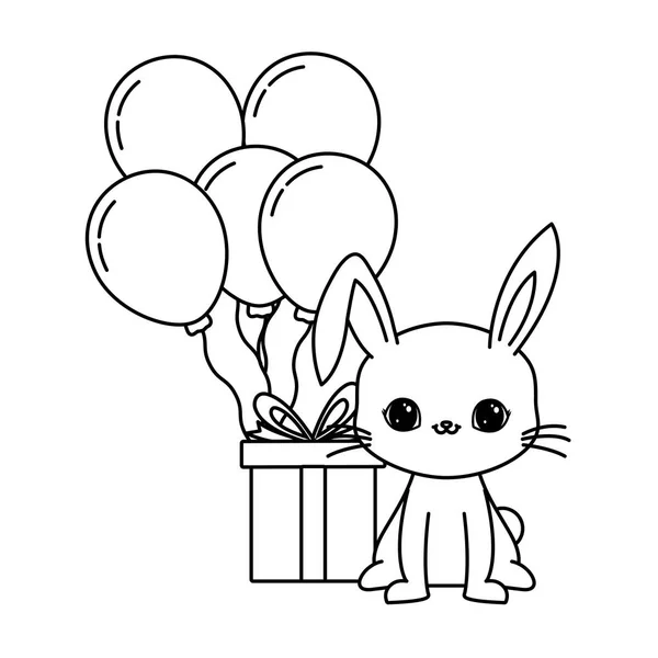 Lindo conejo con caja de regalo y globos helio — Vector de stock