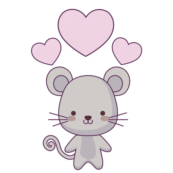 Carino topo animale con cuori amore — Vettoriale Stock