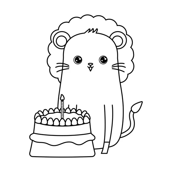 Lindo animal león con pastel de cumpleaños — Vector de stock