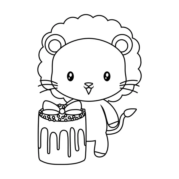 Lindo animal león con pastel de cumpleaños — Vector de stock