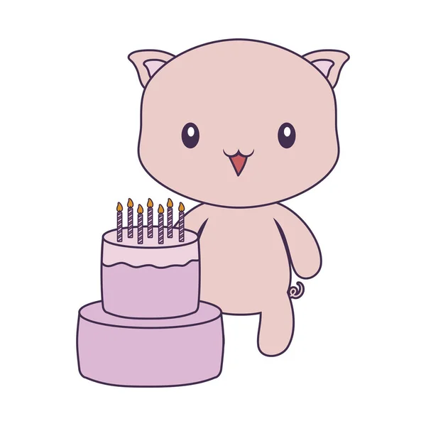 可爱的小猪动物与生日蛋糕 — 图库矢量图片
