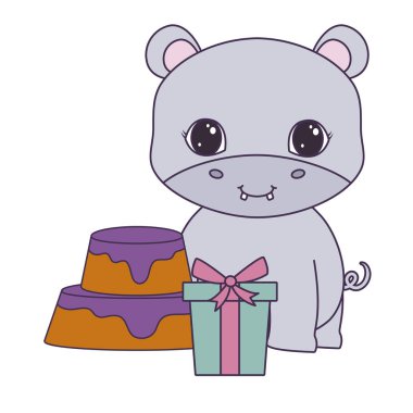 doğum günü ve hediye kutusu pasta ile sevimli su aygırı