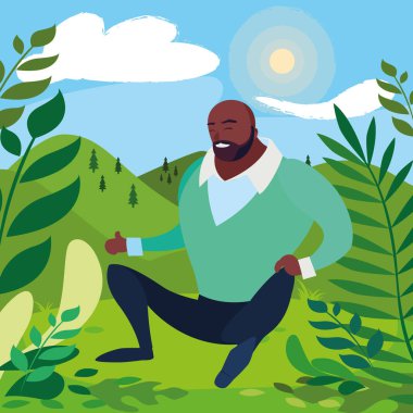 siyah güçlü ve sakallı adam alanında oturuyor