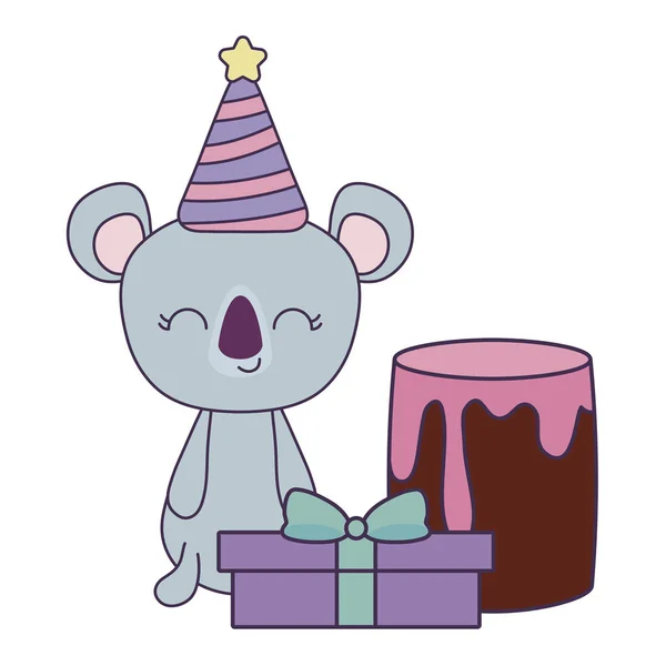 Χαριτωμένο κοάλα με τούρτα γενεθλίων και κουτί δώρου — Διανυσματικό Αρχείο