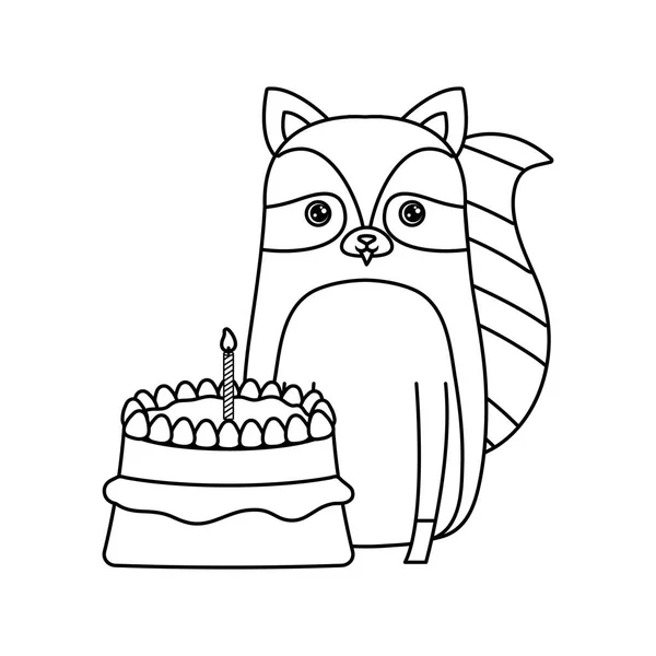 Lindo mapache animal con pastel de cumpleaños — Vector de stock