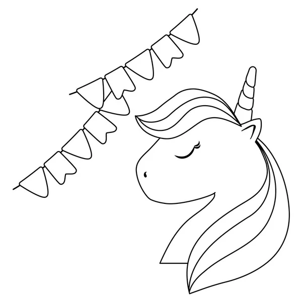Kepala unicorn lucu dengan karangan bunga menggantung - Stok Vektor
