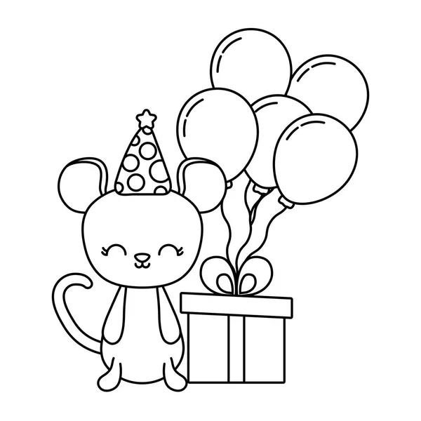 Souris mignonne avec boîte cadeau et ballons hélium — Image vectorielle