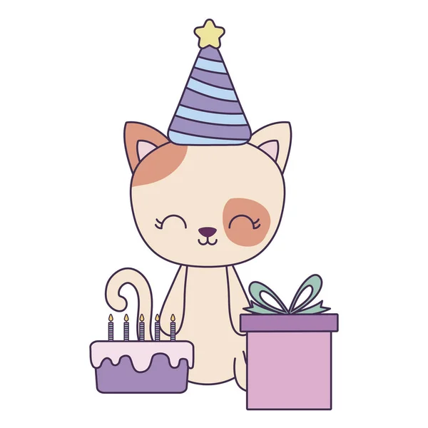 Gato bonito com bolo de aniversário e caixa de presente — Vetor de Stock