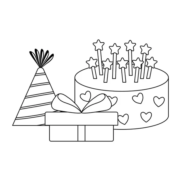 Süße Torte mit Geschenkbox und Hutparty — Stockvektor