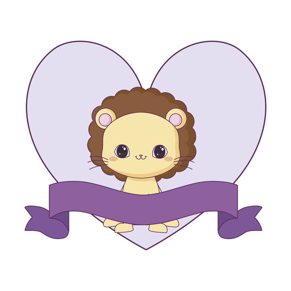cute lion animal with ribbon in frame