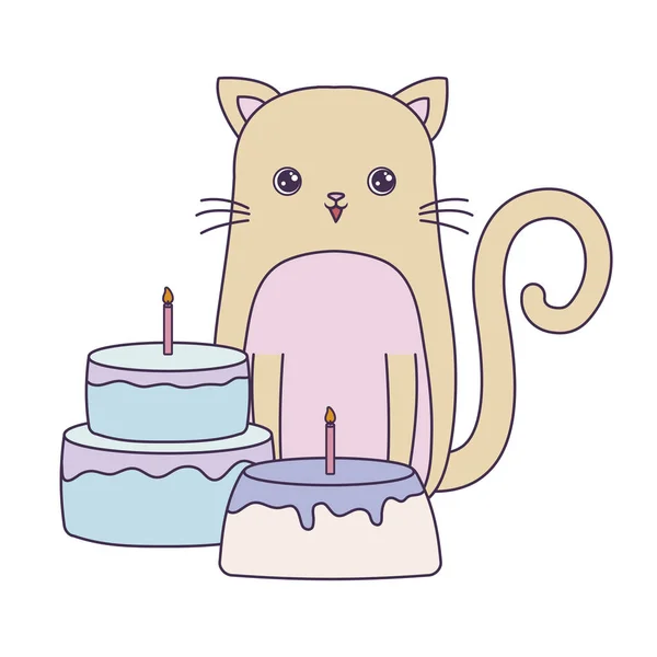 Gato bonito com bolos de aniversário — Vetor de Stock