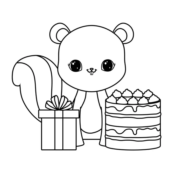 Ardilla linda con pastel de cumpleaños y caja de regalo — Vector de stock