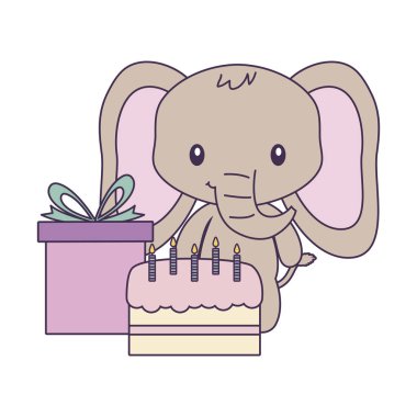 doğum günü ve hediye kutusu pasta ile sevimli fil