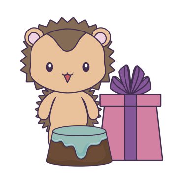 doğum günü ve hediye kutusu pasta ile sevimli kirpi