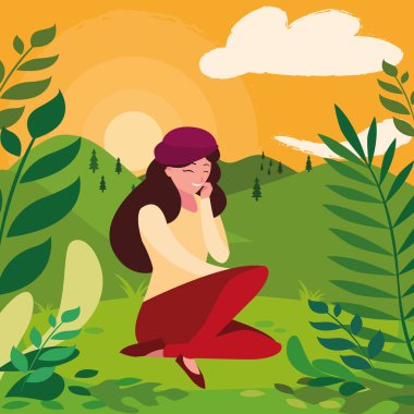 kampta oturan güzel kadın