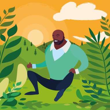 siyah güçlü ve sakallı adam alanında oturuyor