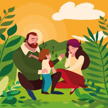 alanında oğlu ile anne-babalar çift