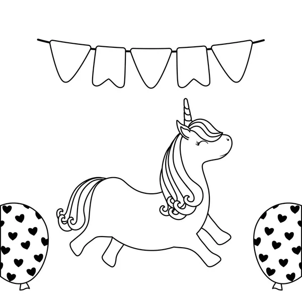 Mignon animal licorne avec guirlandes et ballons hélium — Image vectorielle