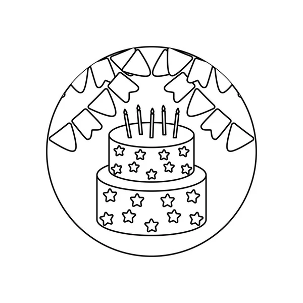 Торт дня народження в рамці круглий з гірляндами — стоковий вектор