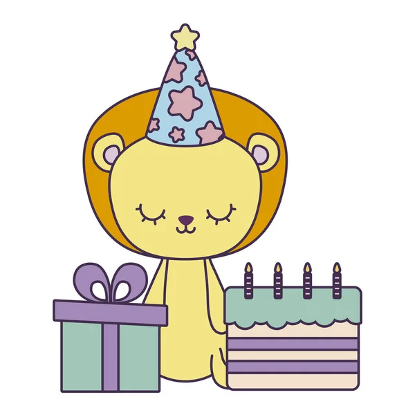 Cute Lion z tort urodzinowy i pudełko prezent — Wektor stockowy