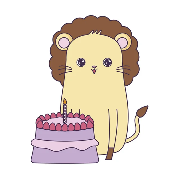 Söt lejon djur med tårta av födelsedag — Stock vektor