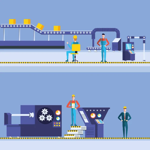 Trabajadores industriales en fábrica tecnificada — Vector de stock