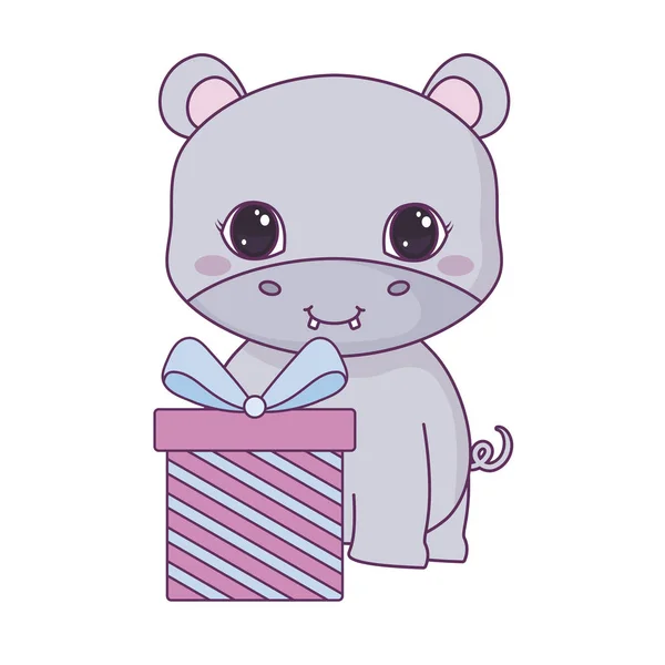 Lindo hipopótamo con caja de regalo — Vector de stock