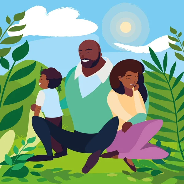 Μαύροι γονείς ζευγάρι με το γιο στο τοπίο — Διανυσματικό Αρχείο