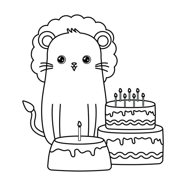 생일의 케이크와 귀여운 사자 — 스톡 벡터