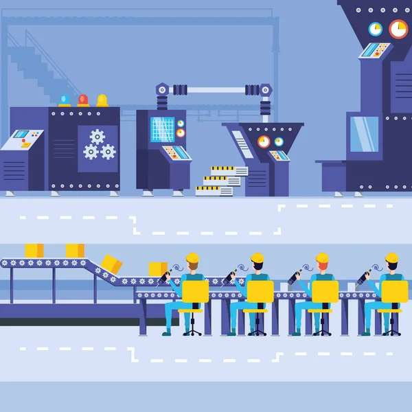 Trabajadores industriales en fábrica tecnificada — Vector de stock