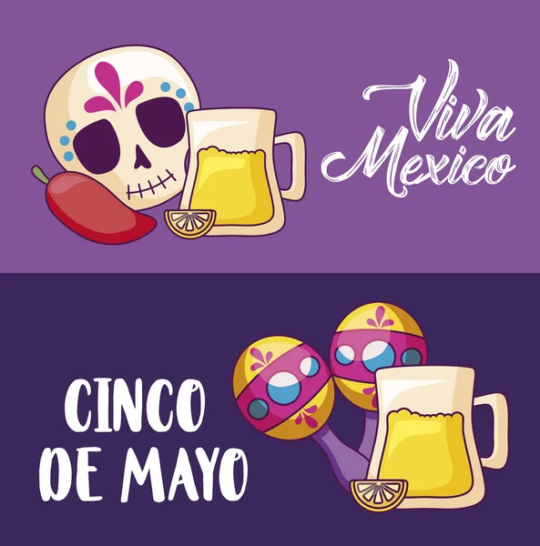 5 de mayo celebração com cerveja e ícones set — Vetor de Stock
