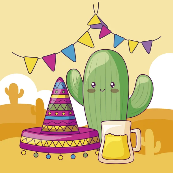 Kaktus z meksykański kapelusz i piwo Kawaii charakter — Wektor stockowy