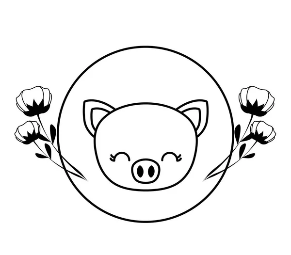 Голова симпатичной свиньи в раме с цветами — стоковый вектор