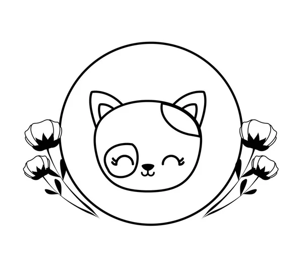 Cabeça de gato bonito no quadro circular com flores — Vetor de Stock