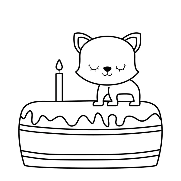 Lindo gato animal en pastel de cumpleaños — Vector de stock