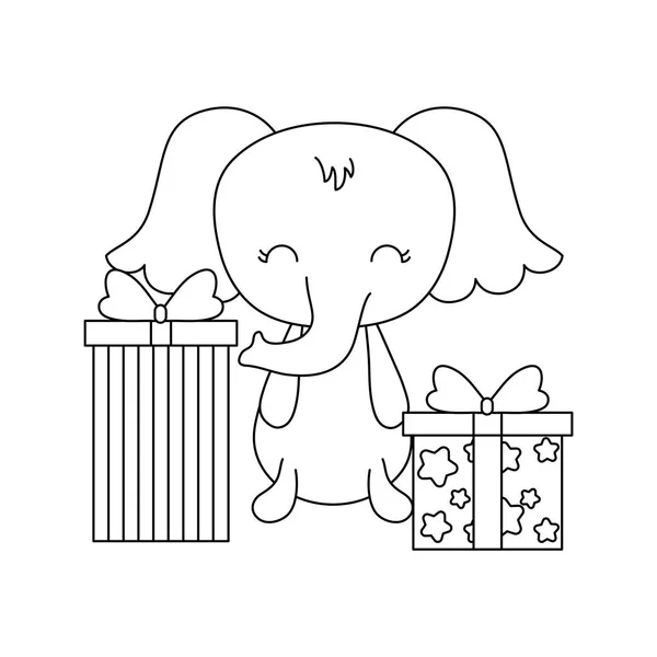 Niedlicher Elefant mit Geschenkschachteln — Stockvektor