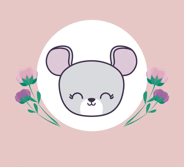 Tête de souris mignonne dans le cadre circulaire avec des fleurs — Image vectorielle