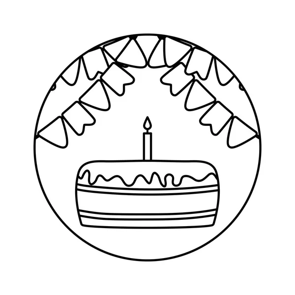 Pastel de cumpleaños en marco circular con guirnaldas colgando — Archivo Imágenes Vectoriales