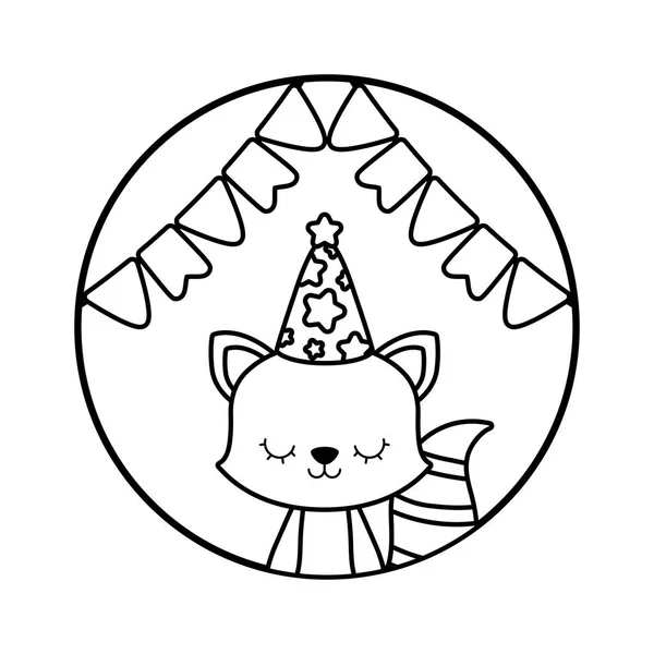 Cute cat met hoed partij in frame circulaire — Stockvector
