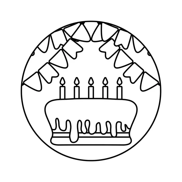 Pastel de cumpleaños en marco circular con guirnaldas colgando — Vector de stock