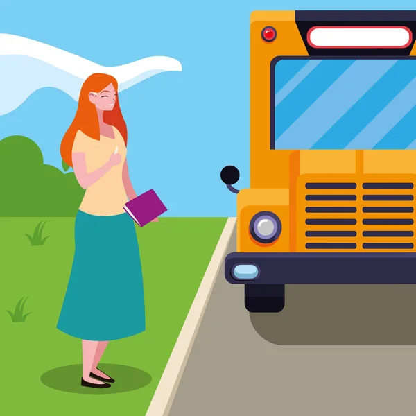 Kvinnlig lärare i busshållplats — Stock vektor